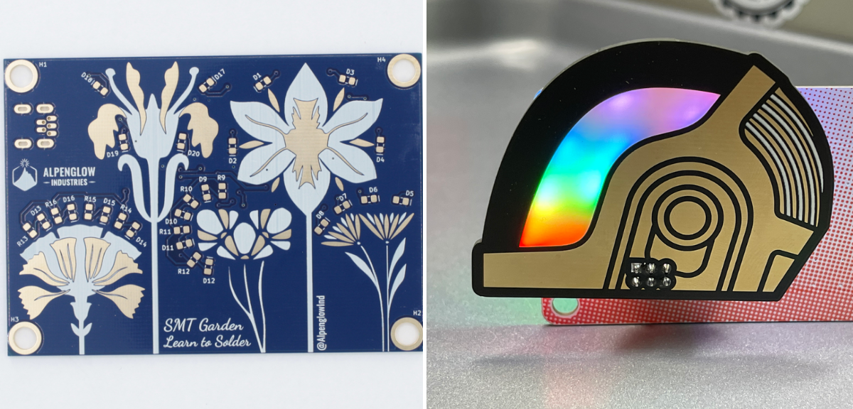 Examples of exposed metal on artistic PCBs by Alpenglow Industries and TwinkleTwinkie