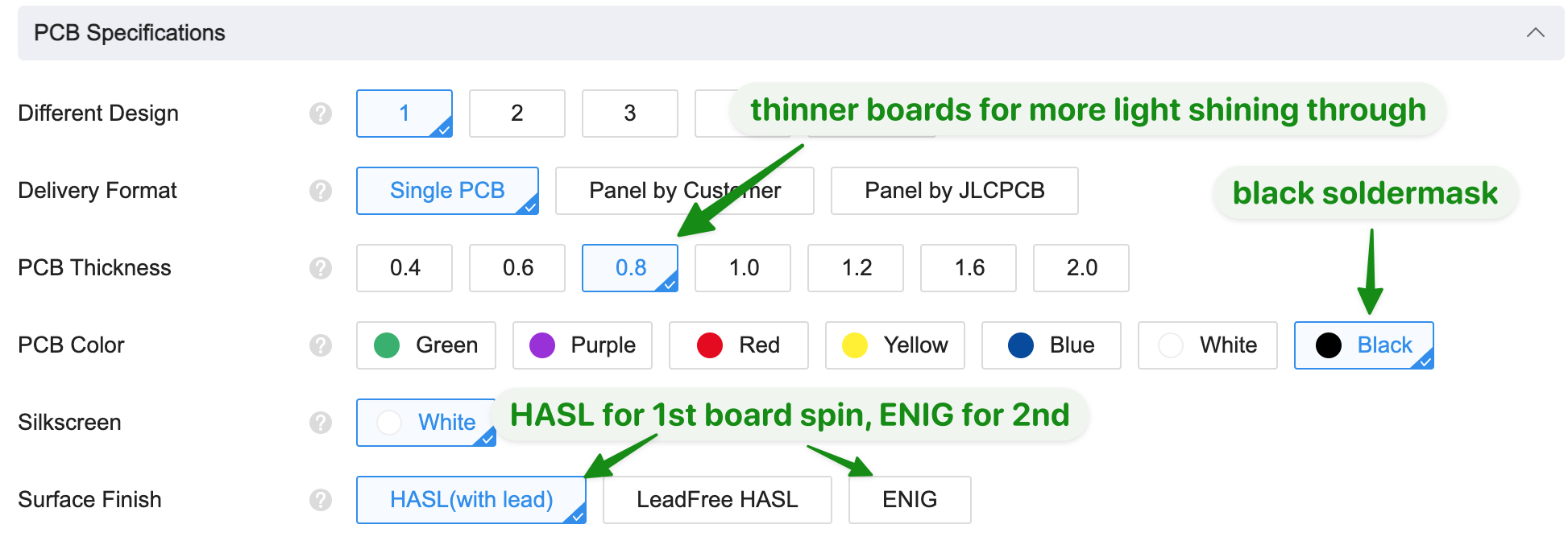 JLCPCB options for this board design