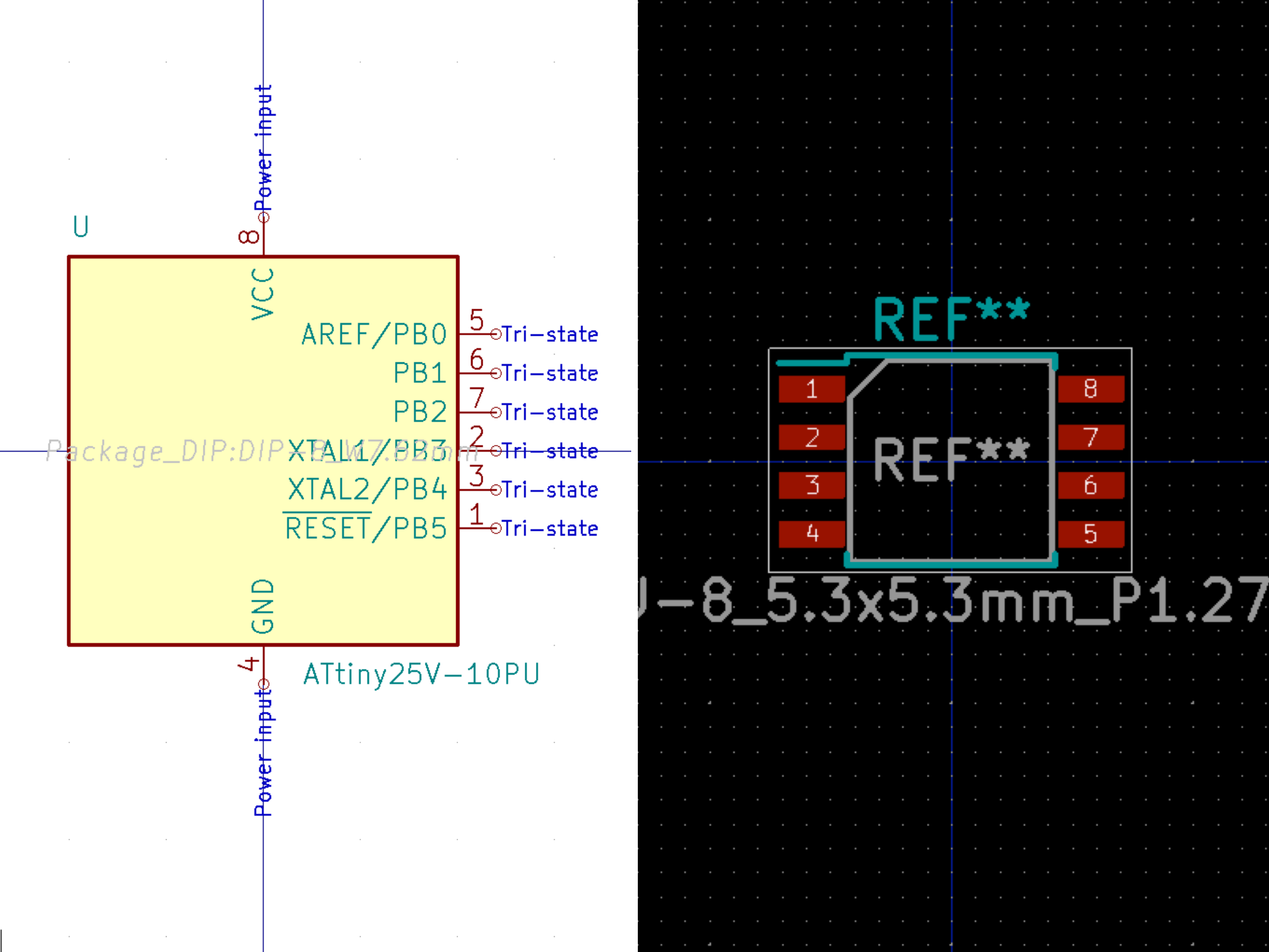 Schematic symbol on the left, footprint on the right (both are for an ATTiny85)