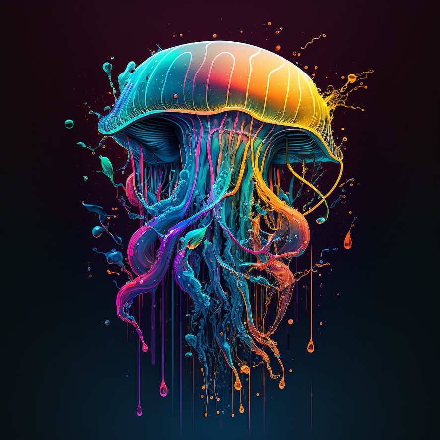 Stylized image of a rainbow jellyfish on a black background